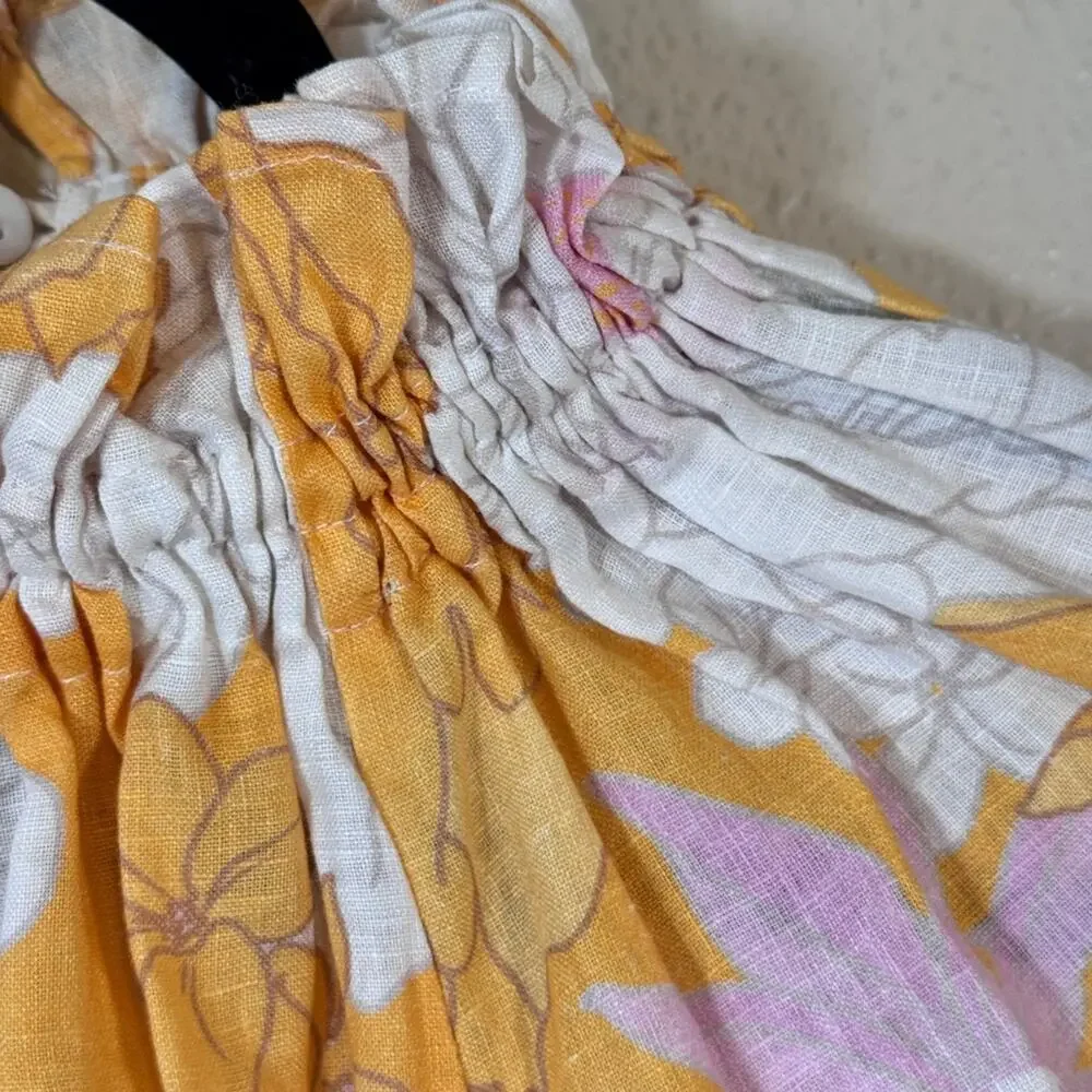 Ephemera Yellow Pink Floral Linen Ruffled Blouse Womens 6 Boho Peasant Natural - Picture 6 of 12
